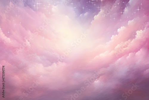 Dreamy pink sparkling cloudscape. Calm pink sky and clouds background with room for text copy.