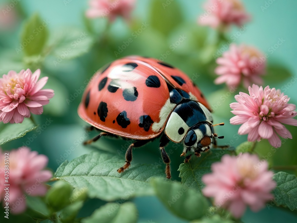 Fototapeta premium Ladybug on a flower in pastel colors and a complementary background color