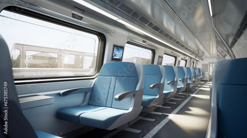 Empty modern train interior with blue seats inside. Generative AI