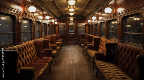 Luxurious vintage interior of train wagon with comfort seats. Generative AI © Nomad_Soul