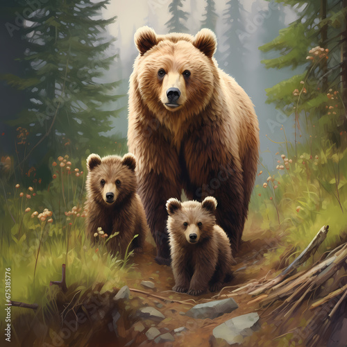 brown bear with cubs in the woods