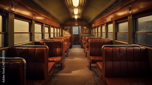 Vintage train wagon with old-fashioned seats for passenger. Generative AI © Nomad_Soul