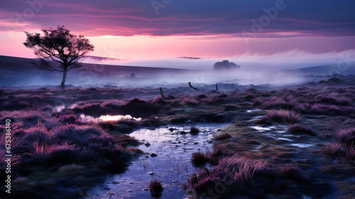Atmospheric fog over moors  Dawn s early light  Mystery with dew-kissed heather 