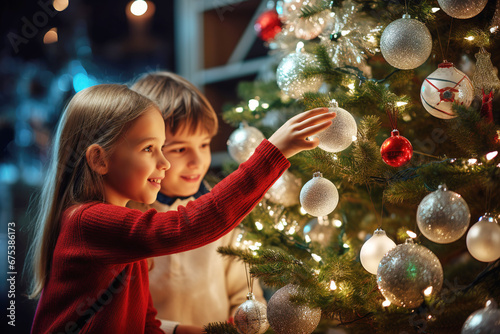 Happy boy and girl, brother and sister, decorate the Christmas tree