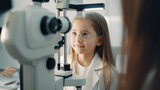 A little girl at an ophthalmologist's appointment. The child is tested on optometric equipment. Health concept.