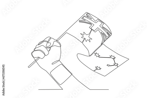 A hand firmly holding the Australian flag. Australia day one-line drawing