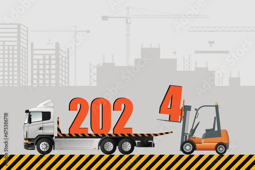 New Year 2024. Forklift truck loads Christmas figurines into the truck.