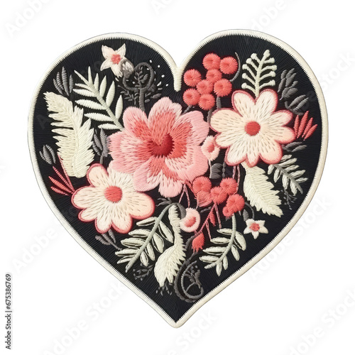 Cute heart embroidery patch isolated on transparent background. Cute decoration for clothes and accessories