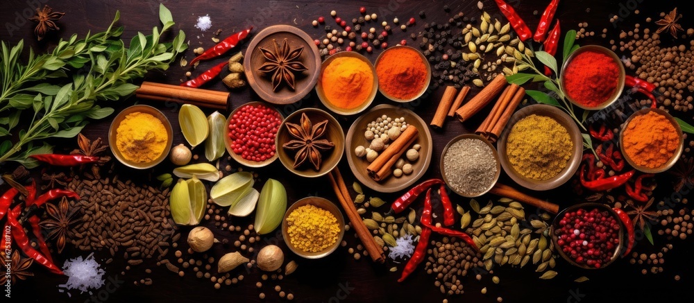 The intricate patterns found in nature like the vibrant hues of spices and seasonings in an Indian kitchen provide a captivating background for food photography highlighting the gourmet ing - obrazy, fototapety, plakaty 