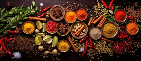 The intricate patterns found in nature like the vibrant hues of spices and seasonings in an Indian kitchen provide a captivating background for food photography highlighting the gourmet ing