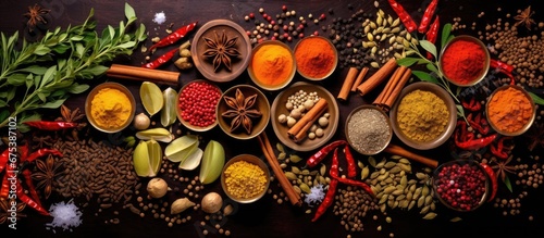 The intricate patterns found in nature like the vibrant hues of spices and seasonings in an Indian kitchen provide a captivating background for food photography highlighting the gourmet ing
