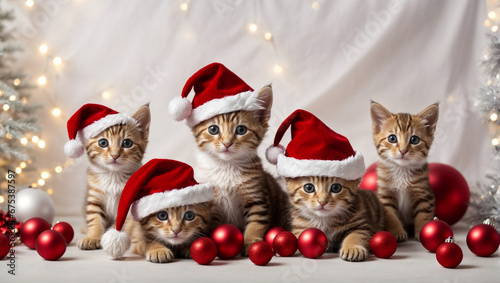 Cute kittens wearing Santa Claus red hat. Merry Christmas and Happy New Year decoration around (balls, toys and gifts). X-mas postcard
