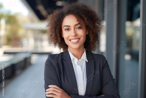 Portrait closeup of beautiful African businesswoman standing at outdoor city