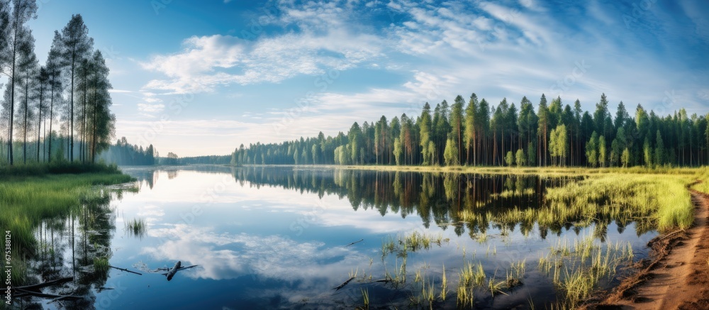 Fototapeta premium In the summer the beautiful landscape of Pleshchenitsy Belarus features stunning marshes lush forests and serene lakes and ponds all interconnected by the gentle flow of water allowing natur