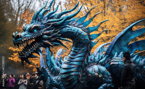 people tourists near the big blue dragon in the park, Chinese lunar calendar, festival of awakening the dragon bringing rain, Zhonghe blue dragon festival  © Ekaterina