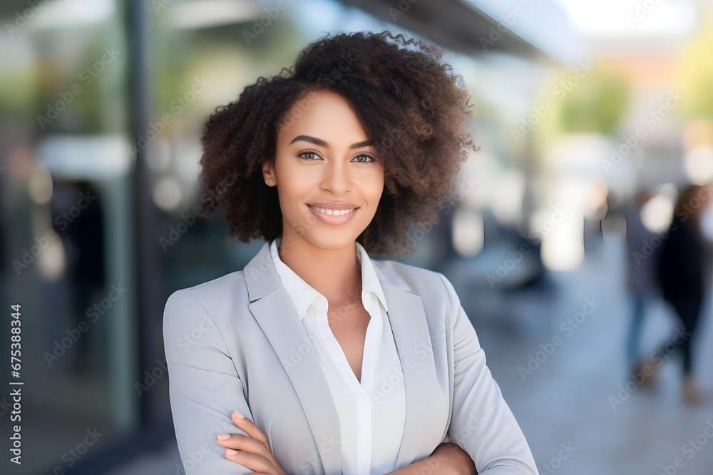 Portrait closeup of beautiful African businesswoman standing at outdoor city Portrait closeup of beautiful African businesswoman standing at outdoor city