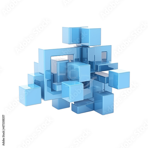 Set of blue geometric compositions, 3d render, isolated on transparent background. Generative AI