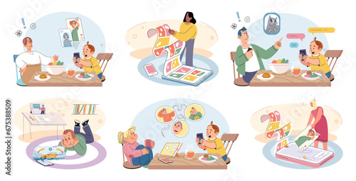 Kids with phone. Vector illustration. The digital landscape offers plethora resources for kids to study and explore Kids use smartphones has changed way they access and consume information