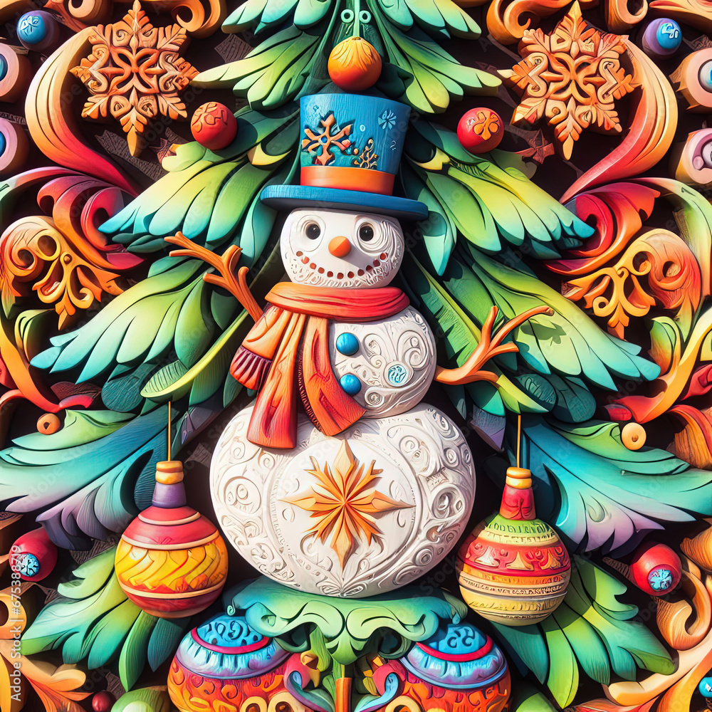 fantasy illustration of merry Christmas background with Santa Claus, snowman and Christmas tree fantasy illustration of merry Christmas background with Santa Claus, snowman and Christmas tree