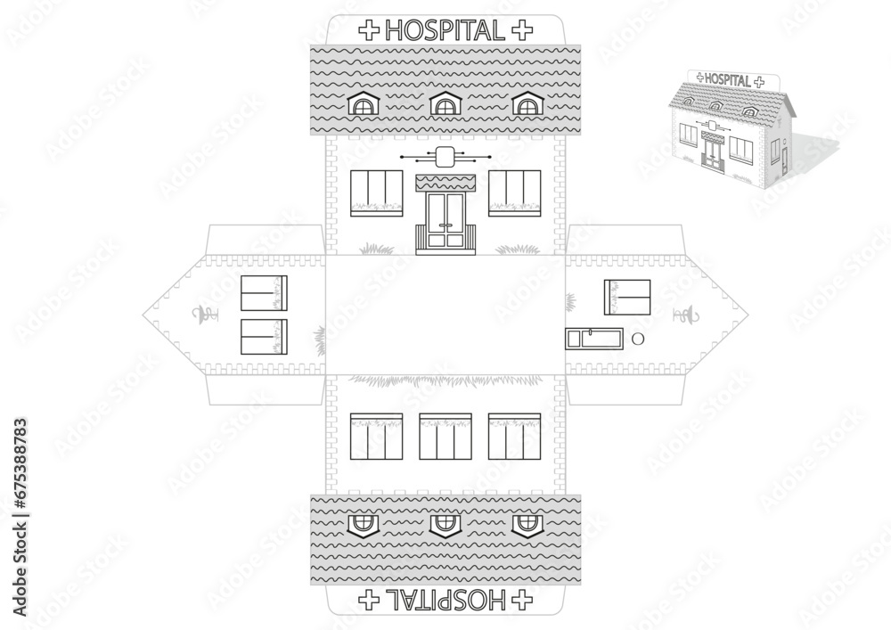 Toy hospital house printable A4 die cut template. Simple, fast, easy to fold. Isolated monochrome object. Vector eps10