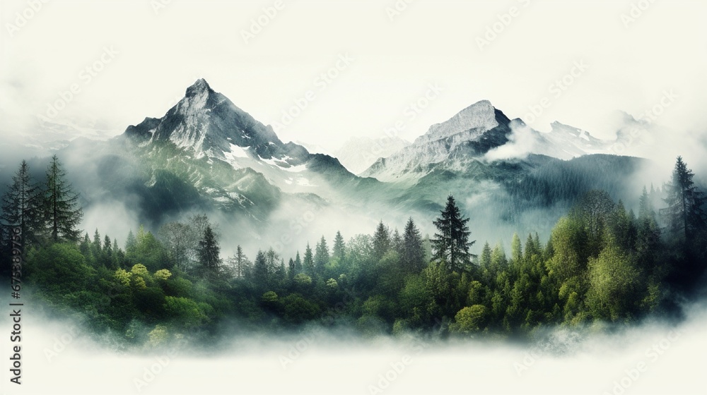 double exposure of misty morning in the mountains