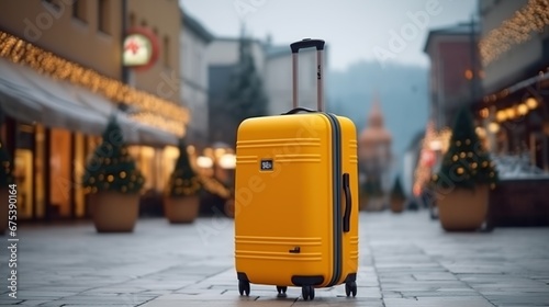 Yellow travel suitcase, winter vacation. AI Generated.