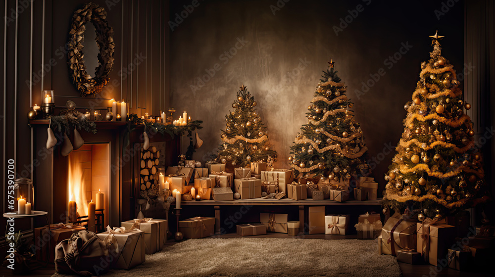 interior of a living room decorated for Christmas in warm cozy theme background