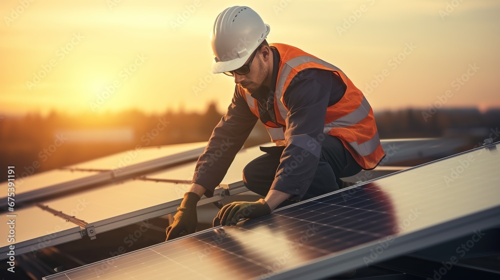 Solar power engineer installing solar panels, on the roof, electrical technician at work. New technologies and solar panels. The supervisor is checking on solar panels Solar power engineer installing solar panels, on the roof, electrical technician at work. New technologies and solar panels. The supervisor is checking on solar panels