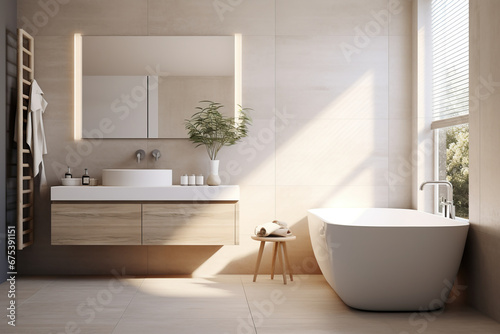 Sunny bathroom interior with white tub and window. Stylish white sink in modern bathroom interior