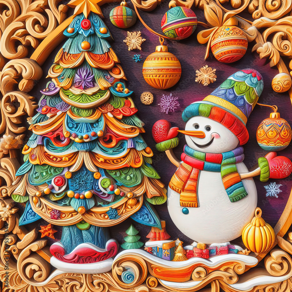fantasy illustration of merry Christmas background with Santa Claus, snowman and Christmas tree fantasy illustration of merry Christmas background with Santa Claus, snowman and Christmas tree