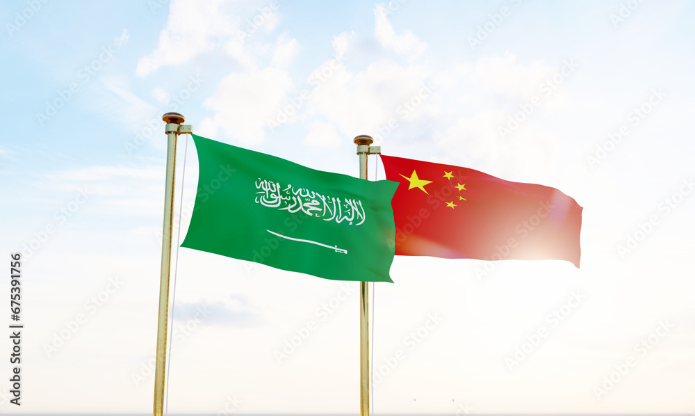 China and Saudi Arabia flags waving together on blue sky. China and Saudi Arabia flags waving together on blue sky.