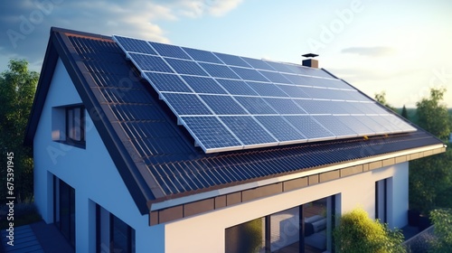 Aerial view of solar panel modules on residential house roof in a European city. Sun panels installed on building rooftop. Renewable energy sources. Eco sunlight power station. Save planet concept.