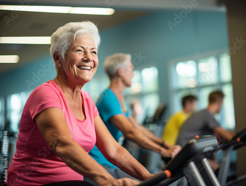 An older woman smiles while working out at the gym.