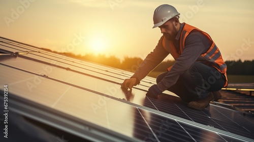 Solar power engineer installing solar panels, on the roof, electrical technician at work. New technologies and solar panels. The supervisor is checking on solar panels 