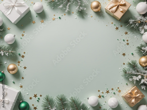 legant Top-Down Yuletide Showcase - Set Amidst Luxurious White Gold Gift Boxes, Green Baubles, a Star Ornament, Confetti, and Frosted Fir Branches