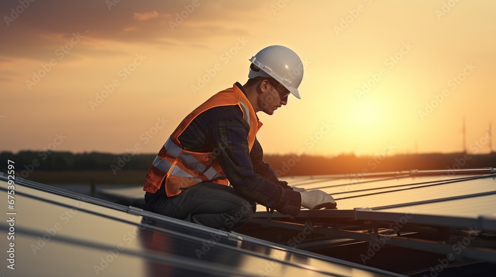 Solar power engineer installing solar panels, on the roof, electrical technician at work. New technologies and solar panels. The supervisor is checking on solar panels Solar power engineer installing solar panels, on the roof, electrical technician at work. New technologies and solar panels. The supervisor is checking on solar panels