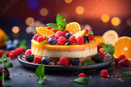 Imagine a delectable fruit cake adorned with an assortment of berries including strawberries, raspberries, blueberries, and blackberries, beautifully presented on a plate This sweet pastry, a perfect 