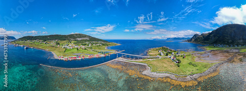 Aerial view of Dynamic fjord landscape in Norway with bridges connecting Islands in the Ocean    photo