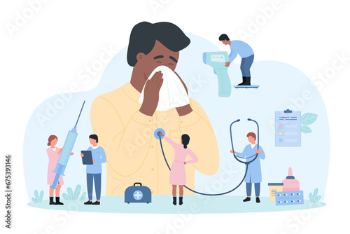 Medical treatment of colds and runny nose vector illustration. Cartoon tiny doctors with stethoscope, thermometer and syringe care for sick man with flu and influenza symptoms, patient holding tissue photo