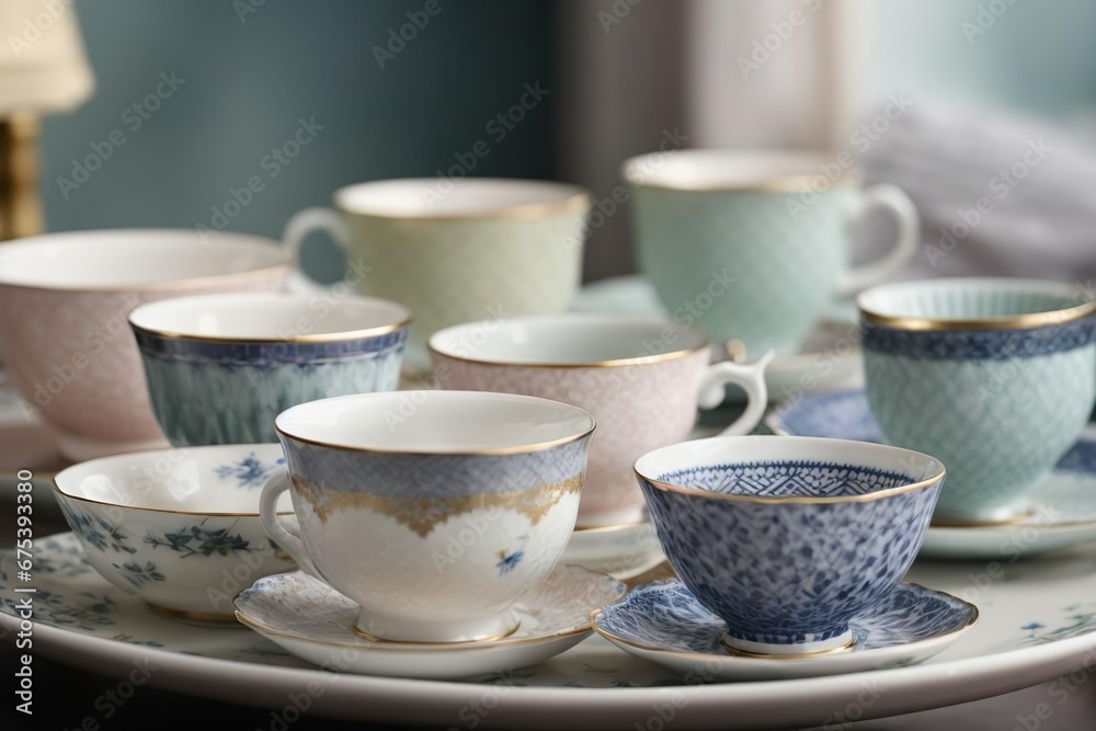 Fototapeta premium cup of coffee and teapot porcelain tableware .hand-painted service