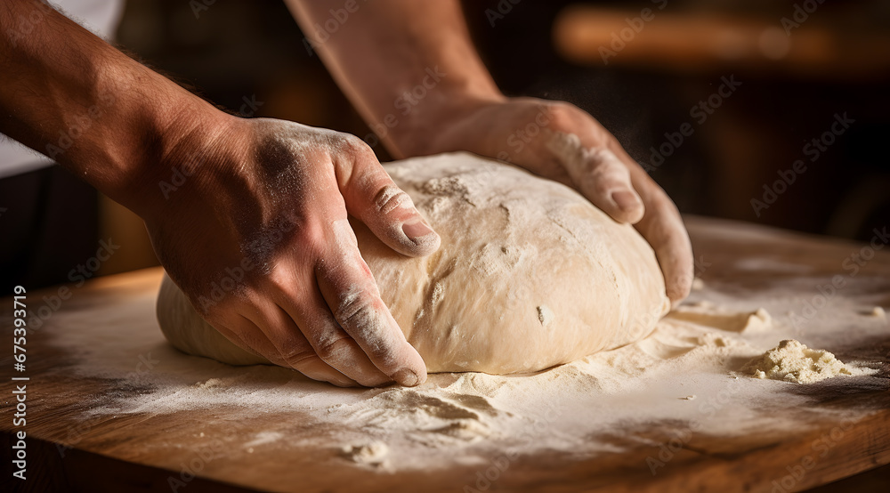 Baker's hands kneading dough on a wooden surface, the art of making bread.