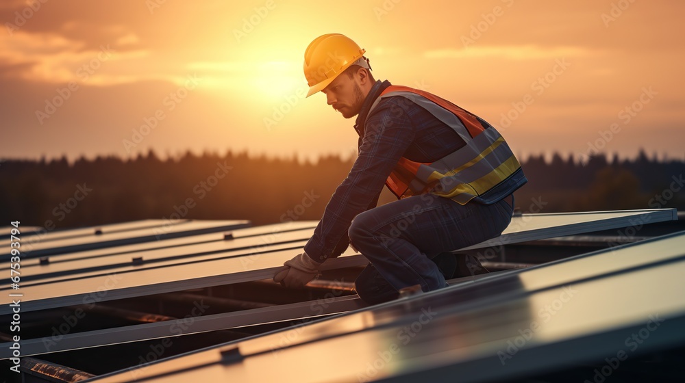 Solar power engineer installing solar panels, on the roof, electrical technician at work. New technologies and solar panels. The supervisor is checking on solar panels 