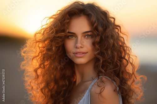 Young beautiful smiling woman with curly hair at sunset. Attractive smiling woman looking at camera. Vacation, travel, hair care concept