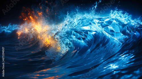 Luminous plankton wave, Ocean's wonders, Blue bioluminescence with crashing surf,
