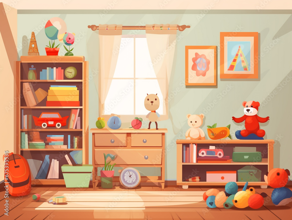 A child's room cluttered with toys. 2D flat illustration