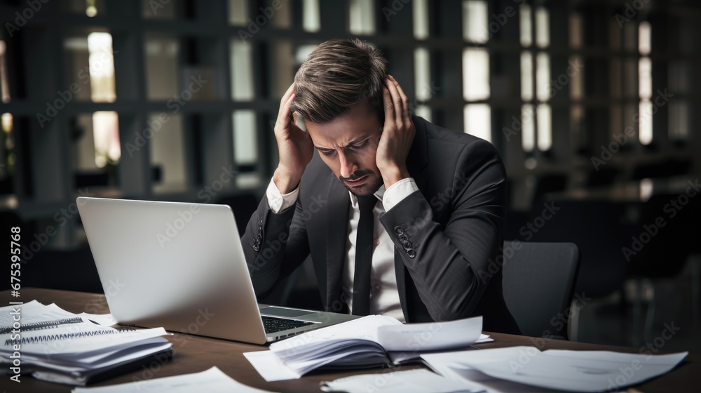 Fototapeta premium Man in suit at office full of documents He is stressed because he made a mistake at work.