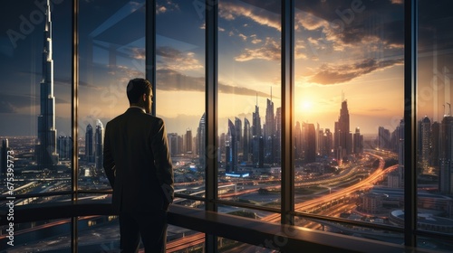 Successful businessman in suit standing in office. CEO looks at big city view through window in office. photo