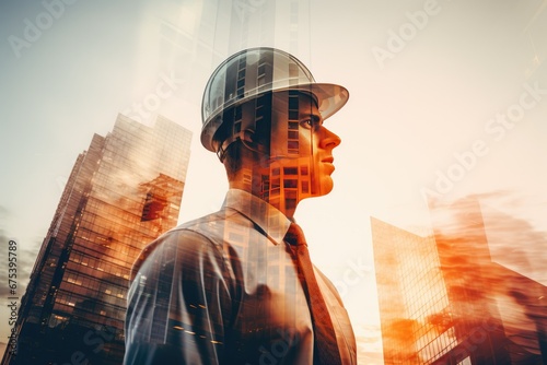 The double exposure image of a construction engineer overlay with cityscape image.