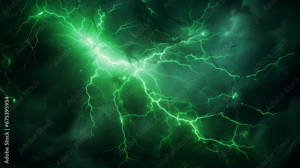 an electric green fireworks exploding in zigzag patterns, resembling electrifying bolts of lightning, adding a sense of excitement and thrill to the night sky.