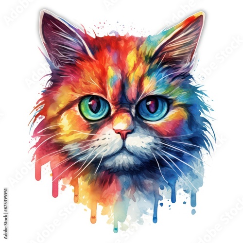 Colorful cat kitten clipart with vibrant color and watercolor texture, for printing design, t-shirt design, sticker, wall art, and POD, isolated on a white background